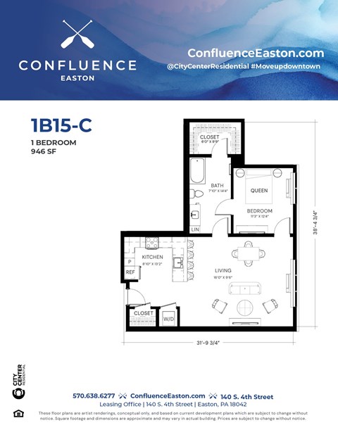 Floor plan for 1 bed, 1 bath, 946 sqft