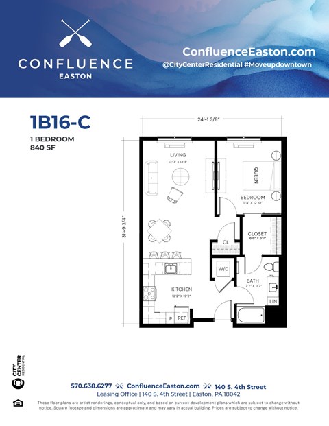 Floor plan for 1 bed, 1 bath, 840 sqft