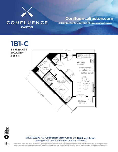 Floor plan for 1 bed, 1 bath, 855 sqft