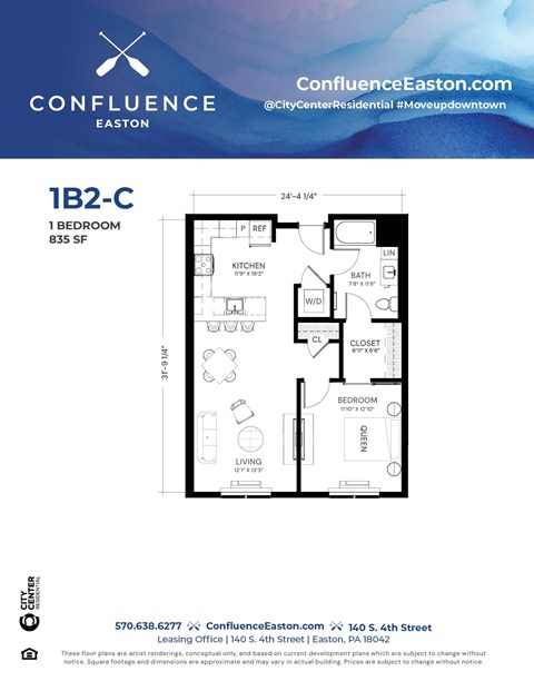 Floor plan for 1 bed, 1 bath, 835 sqft