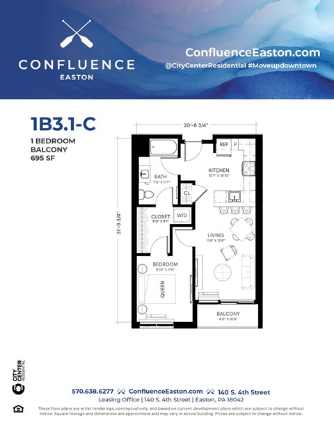 Floor plan for 1 bed, 1 bath, 695 sqft