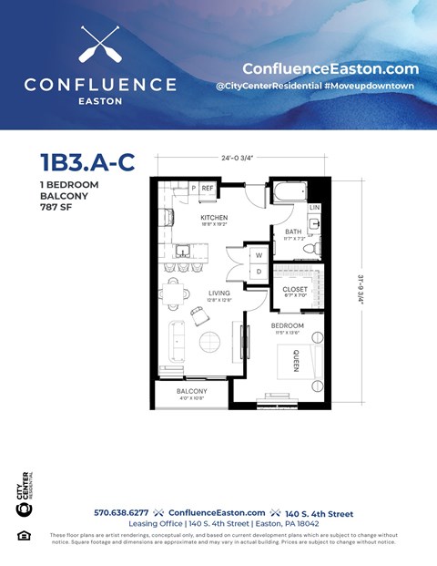 Floor plan for 1 bed, 1 bath, 787 sqft
