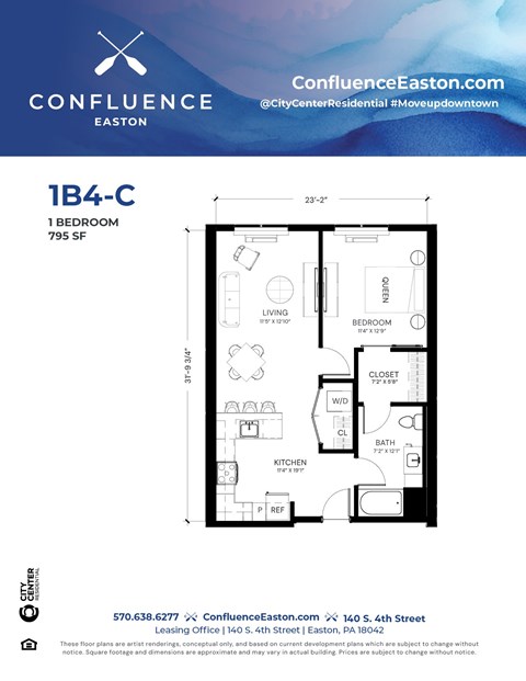 Floor plan for 1 bed, 1 bath, 795 sqft