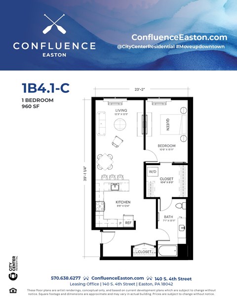 Floor plan for 1 bed, 1 bath, 960 sqft