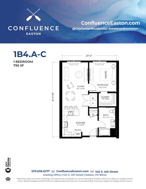 Floor plan for 1 bed, 1 bath, 795 sqft