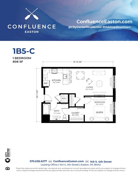 Floor plan for 1 bed, 1 bath, 808 sqft