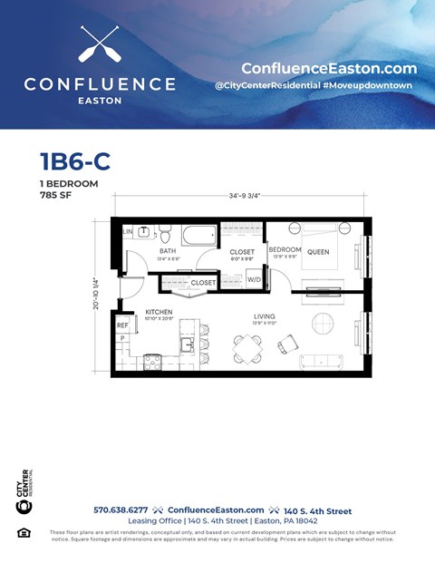 Floor plan for 1 bed, 1 bath, 785 sqft