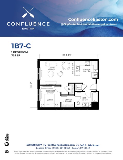 Floor plan for 1 bed, 1 bath, 755 sqft