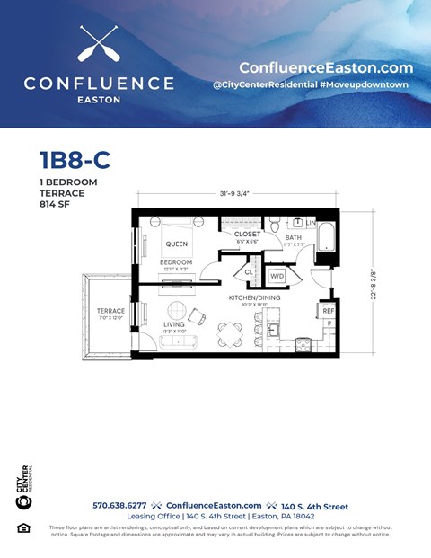 Floor plan for 1 bed, 1 bath, 814 sqft