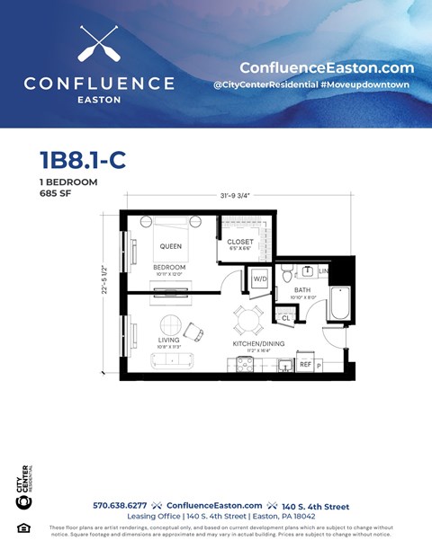 Floor plan for 1 bed, 1 bath, 685 sqft