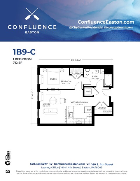 Floor plan for 1 bed, 1 bath, 712 sqft