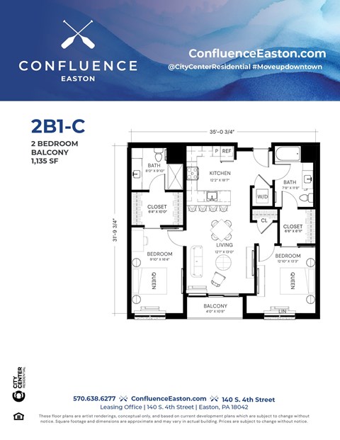 Floor plan for 2 beds, 2 baths, 1135 sqft