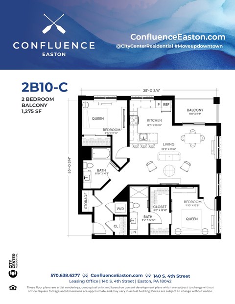 Floor plan for 2 beds, 2 baths, 1275 sqft