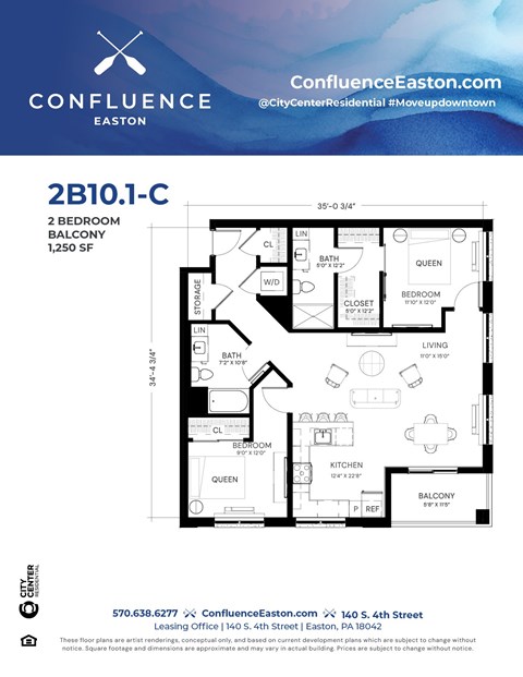Floor plan for 2 beds, 2 baths, 1275 sqft