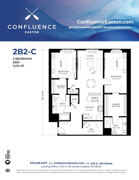 Floor plan for 2 beds, 2 baths, 1413 sqft