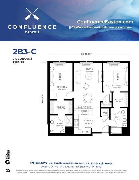 Floor plan for 2 beds, 2 baths, 1185 sqft
