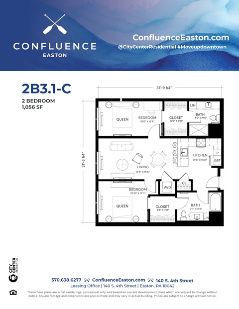 Floor plan for 2 beds, 2 baths, 1056 sqft