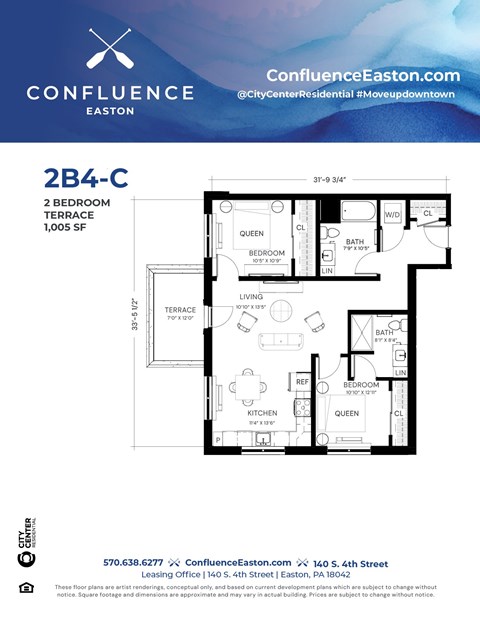 Floor plan for 2 beds, 2 baths, 1005 sqft