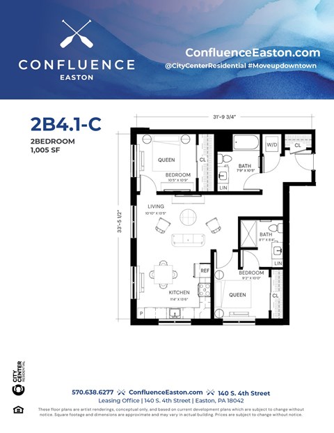 Floor plan for 2 beds, 2 baths, 1005 sqft