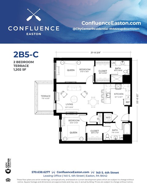 Floor plan for 2 beds, 2 baths, 1202 sqft