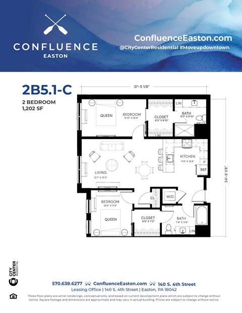 Floor plan for 2 beds, 2 baths, 1202 sqft