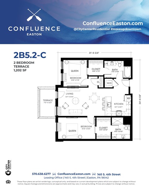 Floor plan for 2 beds, 2 baths, 1202 sqft