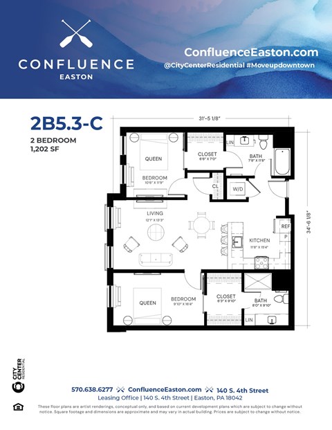 Floor plan for 2 beds, 2 baths, 1202 sqft