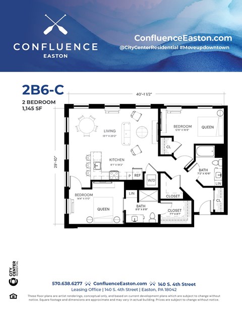 Floor plan for 2 beds, 2 baths, 1145 sqft