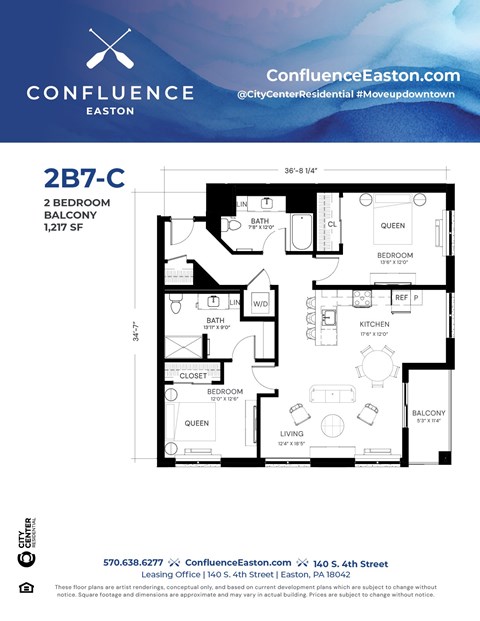 Floor plan for 2 beds, 2 baths, 1217 sqft
