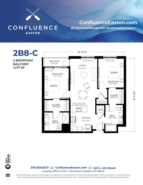Floor plan for 2 beds, 2 baths, 1177 sqft