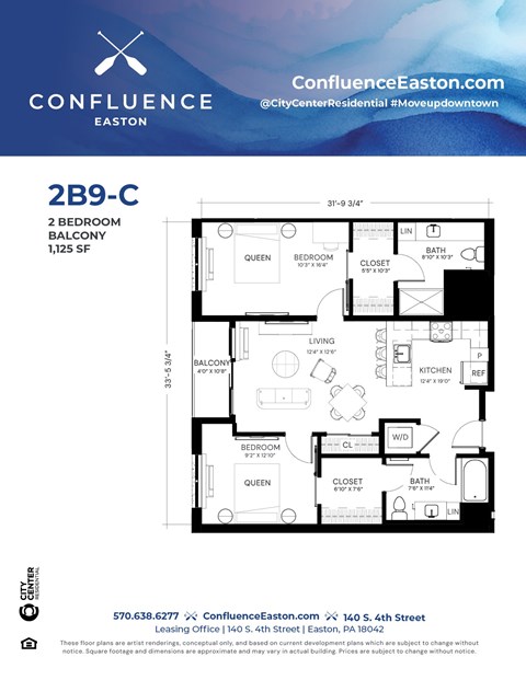 Floor plan for 2 beds, 2 baths, 1125 sqft
