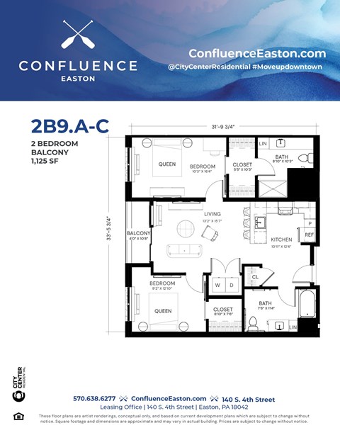 Floor plan for 2 beds, 2 baths, 1125 sqft