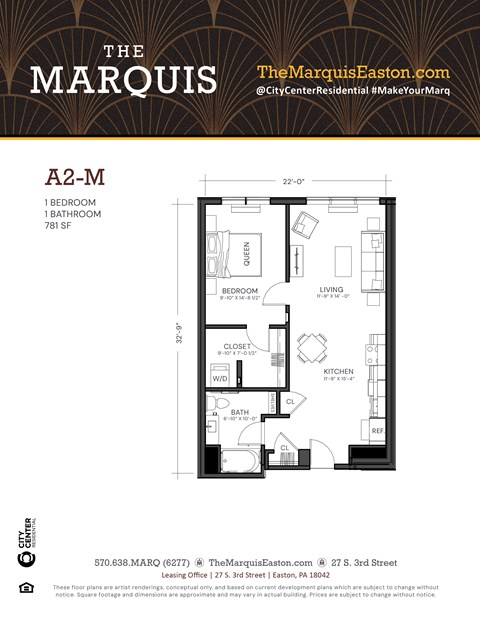 Floor plan for 1 bed, 1 bath, 781 sqft