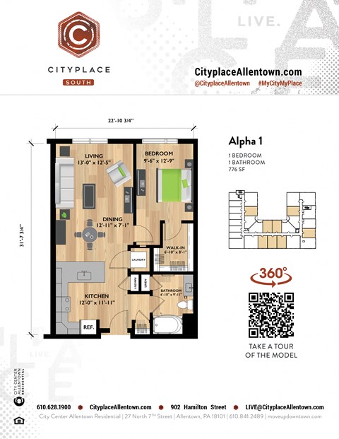 Floor plan for 1 bed, 1 bath, 776 sqft