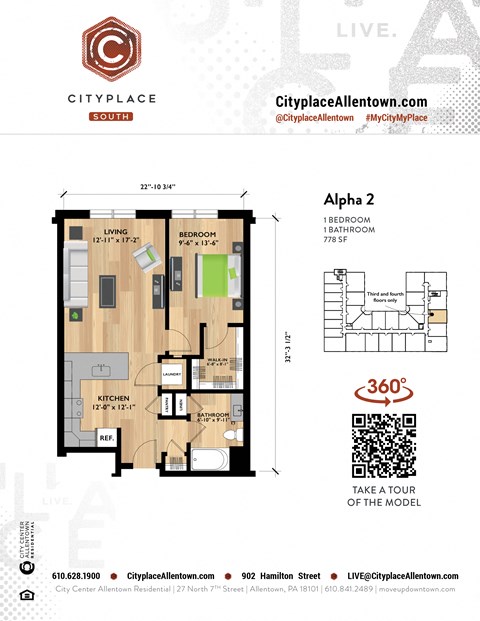 Floor plan for 1 bed, 1 bath, 778 sqft