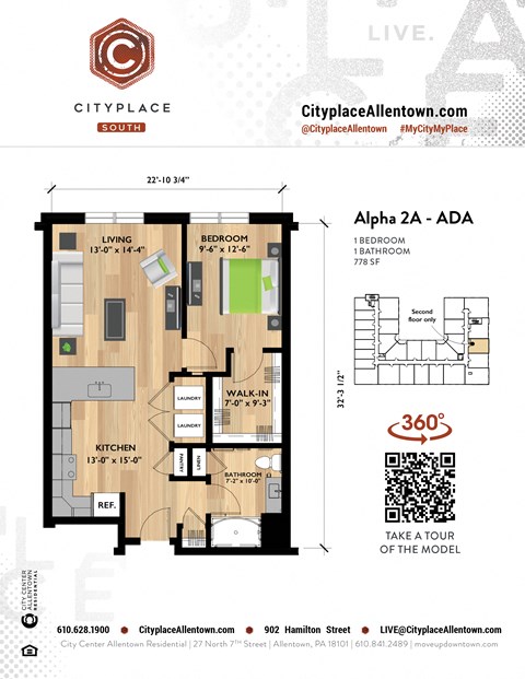 Floor plan for 1 bed, 1 bath, 778 sqft