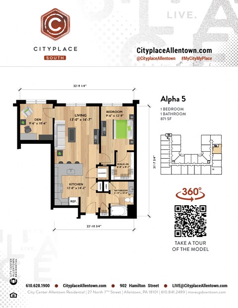 Floor plan for 1 bed, 1 bath, 871 sqft