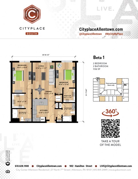 Floor plan for 2 beds, 2 baths, 1136 sqft