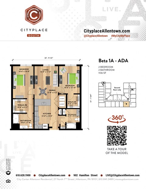 Floor plan for 2 beds, 2 baths, 1136 sqft