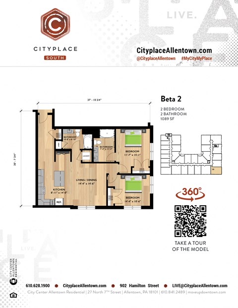 Floor plan for 2 beds, 2 baths, 1089 sqft
