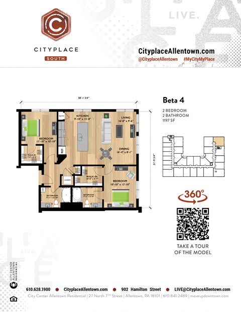 Floor plan for 2 beds, 2 baths, 1197 sqft