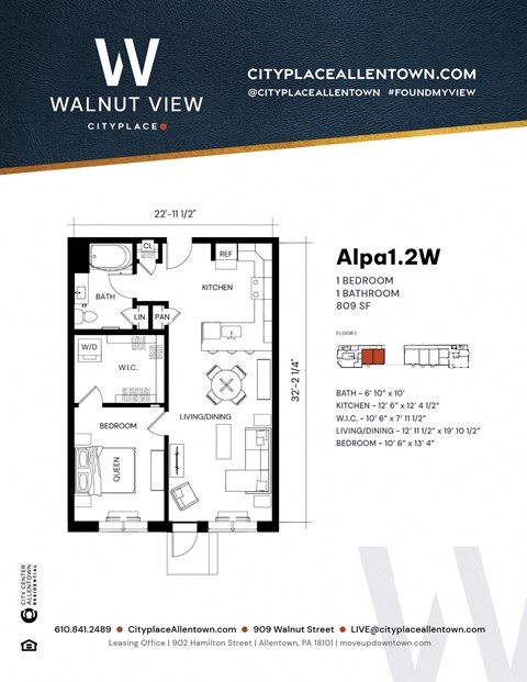 Floor plan for 1 bed, 1 bath, 809 sqft