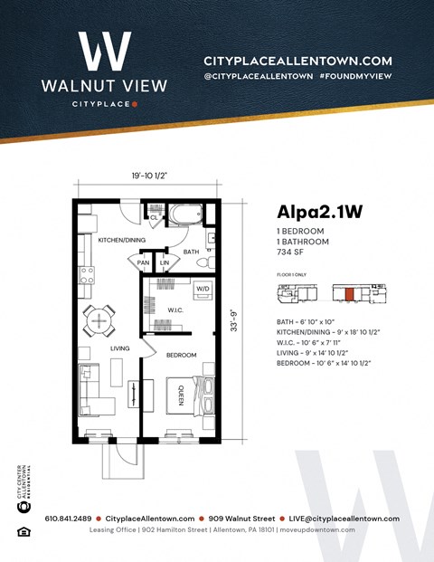 Floor plan for 1 bed, 1 bath, 734 sqft