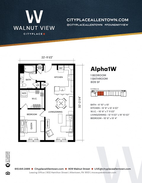 Floor plan for 1 bed, 1 bath, 809 sqft