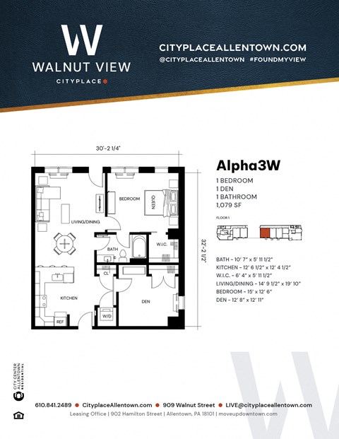 Floor plan for 1 bed, 1 bath, 1079 sqft