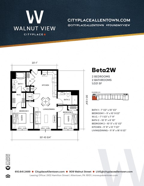 Floor plan for 2 beds, 2 baths, 1021 sqft