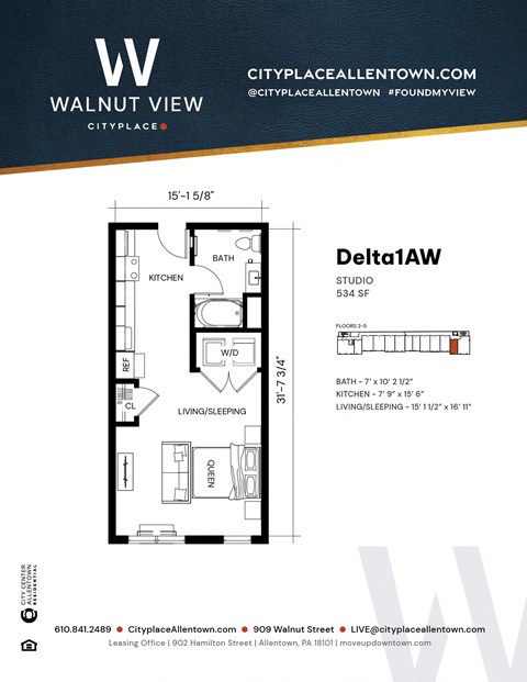 Floor plan for studio, 1 bath, 534 sqft