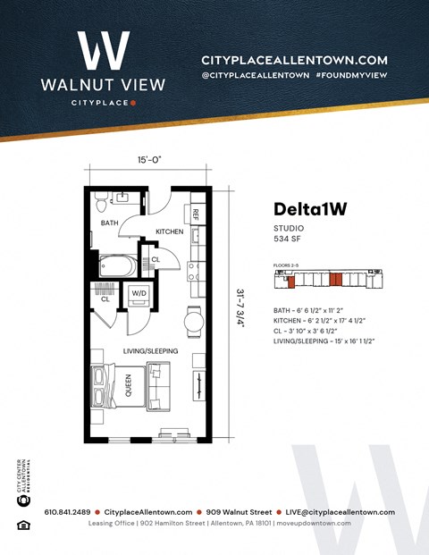 Floor plan for studio, 1 bath, 534 sqft