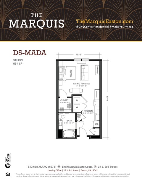 Floor plan for studio, 1 bath, 554 sqft
