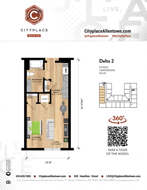 Floor plan for studio, 1 bath, 515 sqft